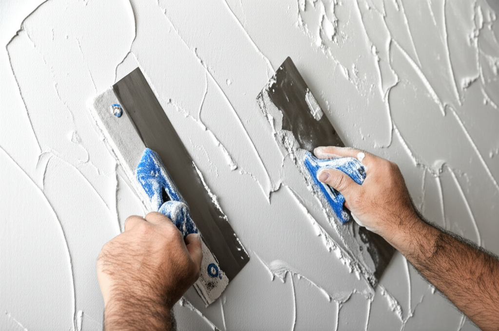 Worker applying texture to wall