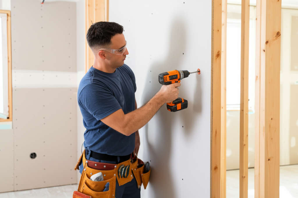 Worker installing new drywall