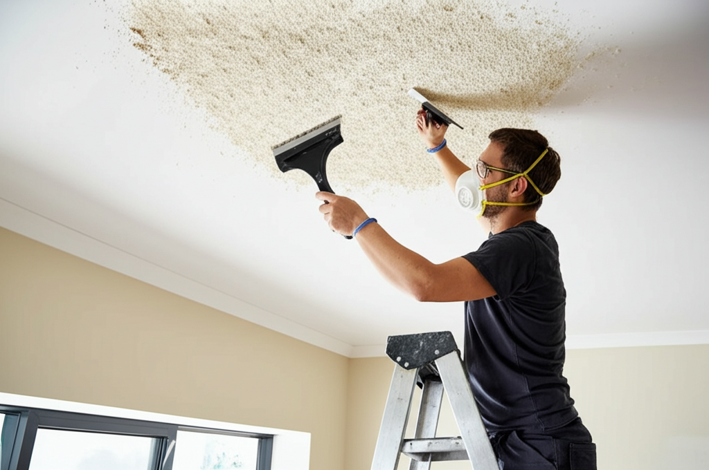 Worker removing popcorn ceiling